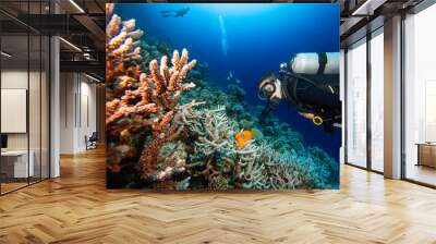 Girl scuba diver diving on tropical reef with blue background and reef fish Wall mural