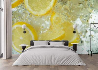 Lemon Slices falling deeply under water on white Wall mural