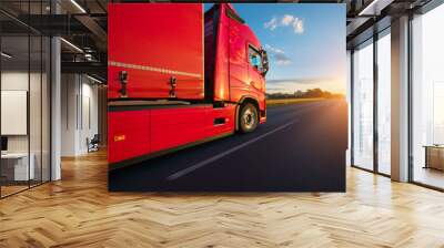 Loaded European truck on motorway in sunset Wall mural