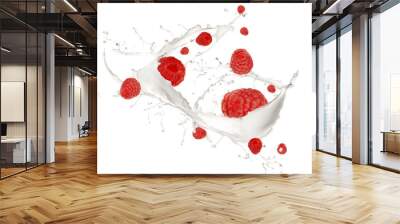 Raspberries in milk splash, isolated on white background Wall mural