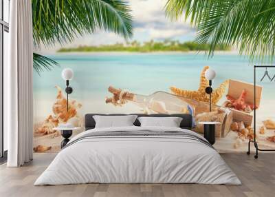 Sandy tropical beach with island on background Wall mural