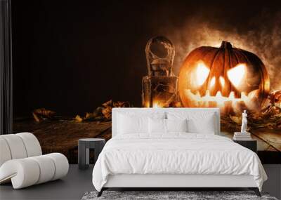 Scary halloween pumpkin on wooden planks Wall mural