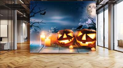 Scary horror background with halloween pumpkins jack o lantern Wall mural