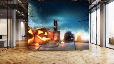 Scary horror background with halloween pumpkins jack o lantern Wall mural