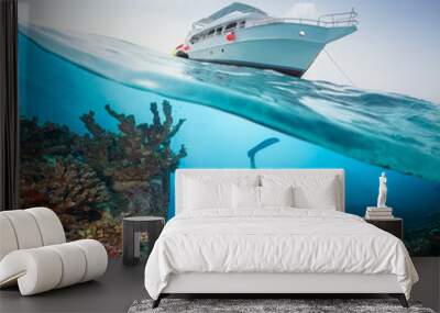 Split photography of safari yacht and diver Wall mural