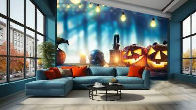 Spooky halloween pumpkins on wooden planks Wall mural