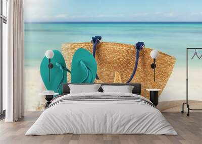 Summer beach with blue sandals and shells Wall mural