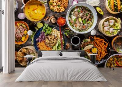 Top view composition of various Asian food in bowl Wall mural