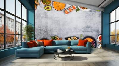 Top view composition of various Asian food in bowls Wall mural