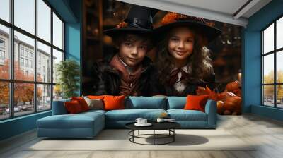 portrait of two little kids wearing witch hat costumes to celebrate halloween. generative ai Wall mural