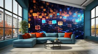 3d rendering of abstract technology background with cubes in blue and orange colors, abstract technological wallpaper, digital data wave Wall mural