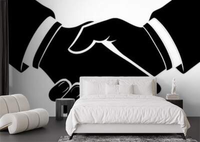 A black silhouette depicts two hands engaged in a handshake representing collaboration and mutual understanding in a professional setting Wall mural