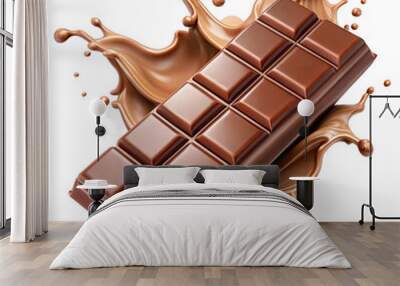 A close-up image of a delicious chocolate bar with liquid chocolate splashing around it Wall mural