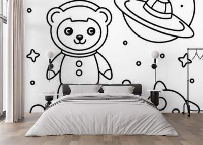 A delightful line art of an adorable baby bear in an astronaut suit playfully hovering through space surrounded by stars and whimsical planets Wall mural