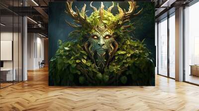 a green man with horns and a horned face standing in the scene. a tree man. generative ai Wall mural