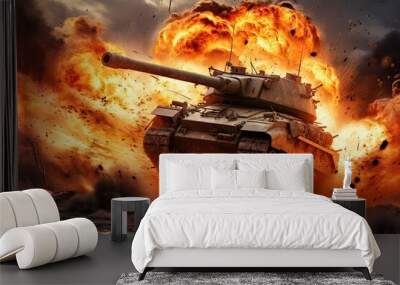 A heavily armored tank moves forward across a battlefield as explosions erupt around it showcasing the intensity of warfare and destruction Wall mural