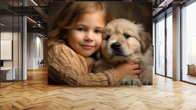 A young girl gently cradles a fluffy puppy in her arms, sharing a moment of pure joy and love. Generative AI Wall mural