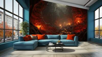 Dark cave in mountain with hot lava. Fantasy landscape of inferno with fiery molten magma flows in stone mountain tunnel. Volcano lava. Wall mural