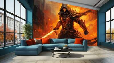 Fantasy illustration of a fantasy warrior with a sword in fire, Samurai warrior in armor and mask against the background of a burning ruined city, japanese samurai. Medieval Hero. Wall mural