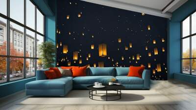 Floating paper lanterns in the night sky. paper lanterns floating in a night sky. Dark sky filled floating lanterns night. Wall mural