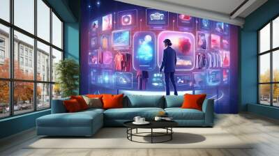 futuristic digital shopping concept, Rear view of corporate woman looking at digital screen with shopping products, E-commerce Revolution, modern technology Wall mural