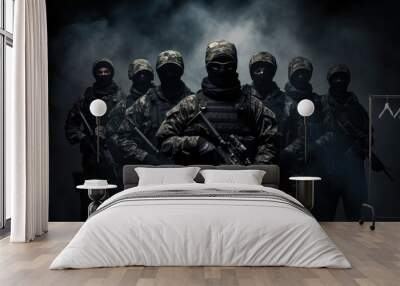 Group of soldiers with assault rifles in the smoke on a dark background, Stealth, armed forces, masked military soldiers with full gear war set up, combat warriors Wall mural