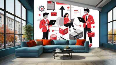 Professionals actively engage in file transfer activities using cloud technology showcasing diverse devices and collaborative tools for efficient uploads Wall mural