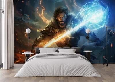 Warrior with sword in fire and smoke, Fantasy illustration,  A fearless and mighty warrior wielding a glowing sword, gaming hero, mythological warrior, fiction Wall mural