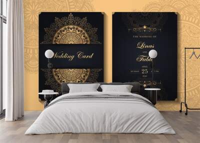 Black gold wedding invitation poster Template , Luxury Wedding card design with mandala, invitations  Card with mandala pattern. Vector vintage hand-drawn Wall mural