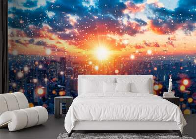 Bright and Blurred Bokeh Lights: Abstract Background with Sky and City Elements Wall mural