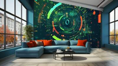 3D Rendering of abstract technology product showcase. Glowing yellow and blue color Sci-fi circle circuit hud on dark background. Wall mural