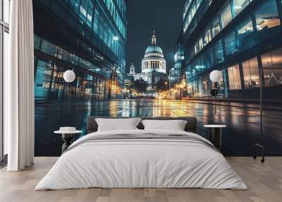 Aerial night view of St Paul's Cathedral, an Anglican cathedral on Ludgate Hill in London, UK Wall mural