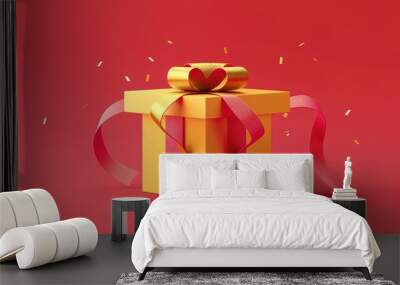 Black Friday Sale and Christmas presents concept. Gift box with black ribbon on red satin textile, close up view Wall mural