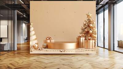 Christmas backgrounds with podium stage platform in minimal New year event theme. Merry Christmas scene for product display mock up banner. Empty stand pedestal decor in Xmas winter scene. 3D render. Wall mural