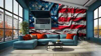 Close-up of laptop on American flag with 4th july theme Wall mural