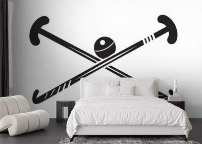 Field hockey. Sports supplies for playing on a white background. Hockey stick and ball. Crossed sticks for hockey. Sports competition on the grass. Wall mural