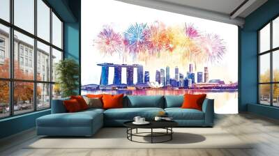 Fireworks over the Moscow city from Sparrow Hills Wall mural