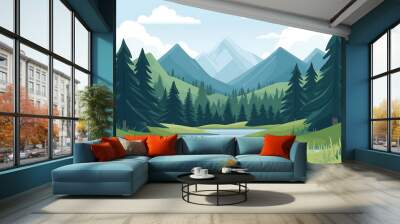 green forest and mountains landscape illustration Wall mural