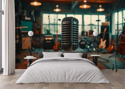 in a rehearsal room from a pop band. a microphone in the front. in the background a guitar and a keyboard are visible Wall mural