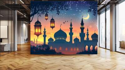 islamic mosque muslims for prayers illustration. Wall mural