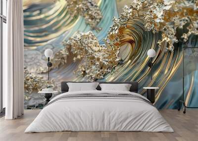 Japanese blue waves, Japanese blue ocean art. Illustration of ocean blue waves Wall mural