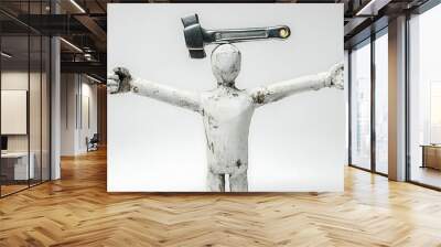 Man with huge hammer isolated on white background Wall mural