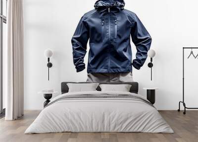 mens dark blue bomber jacket and black sports shorts isolated on white background. fashionable casual wear Wall mural