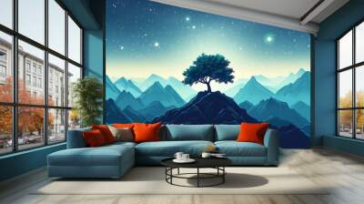 mountain illustration landscape with a large moon and clear cky, with tree silhouette Wall mural