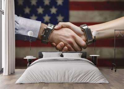 partnership, politics, gesture and people concept - close up of handshake over american national flag background Wall mural