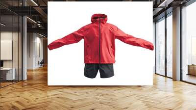 Red hooded jacket and dark blue sports shorts isolated on white background. fashionable casual wear Wall mural