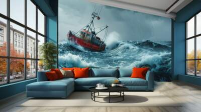 Sailing old ship in storm sea against dramatic sunset Wall mural