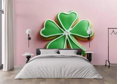 Tasty gingerbread cookie in shape of clover leaf for St. Patrick's Day celebration isolated on white backgroun Wall mural