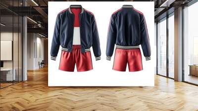 Two men's blue white jacket windbreaker,beige shirt and red sports shorts isolated on white background. Wall mural