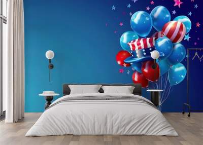 USA Independence day colored background 4th of july with flag, firework and balloons, illustration Wall mural